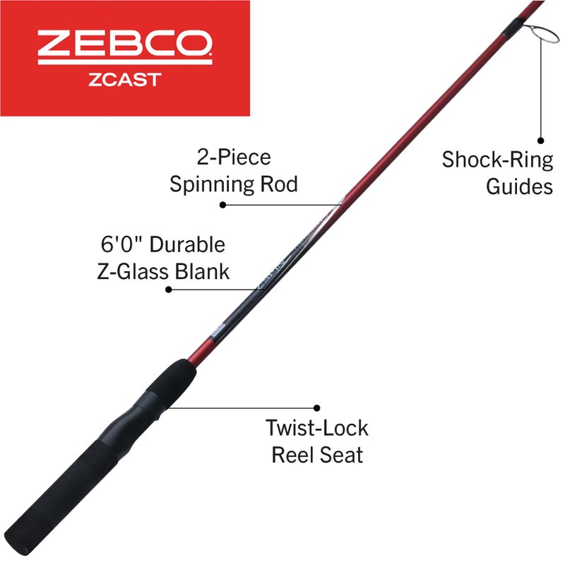 Zebco Z-Cast Spinning Fishing Rod, 6-Foot 2-Piece Durable Z-Glass Fishing Pole, Comfortable EVA Rod Handle, Shock-Ring Guides, Medium Power, Red - Image 2